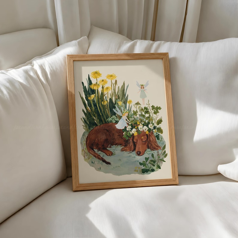 Dachshund Wall Art, Dog Nursery Print, Fairy Garden Poster, Dandelion Flower Art, Whimsical Kids Room Decor Download