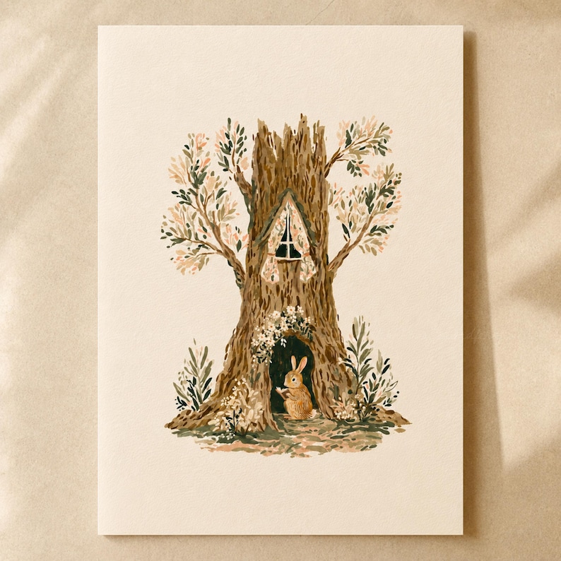 Bunny Nursery Print, Woodland Treehouse Art, Rabbit Wall Art, Cottagecore Kids Room, Forest Animal Printable, Storybook Decor