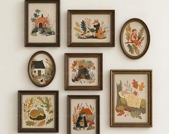 Whimsical Autumn Wall Art Set of 8, Fall Woodland Nursery Prints, Cottagecore Gallery Wall, Fairy Fox Frog Decor, Digital Download