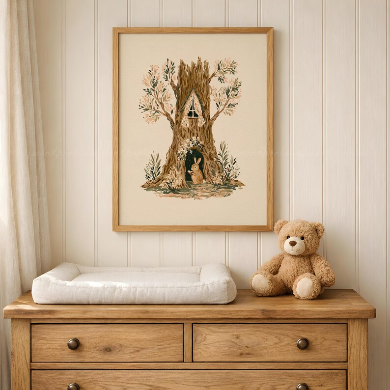 Bunny Nursery Print, Woodland Treehouse Art, Rabbit Wall Art, Cottagecore Kids Room, Forest Animal Printable, Storybook Decor