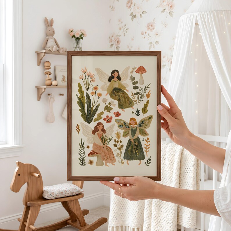 Cottagecore Fairies Physical Print, Whimsical Print For Woodland Nursery, Vintage Fairy Storybook Decor, Neutral Nursery Poster