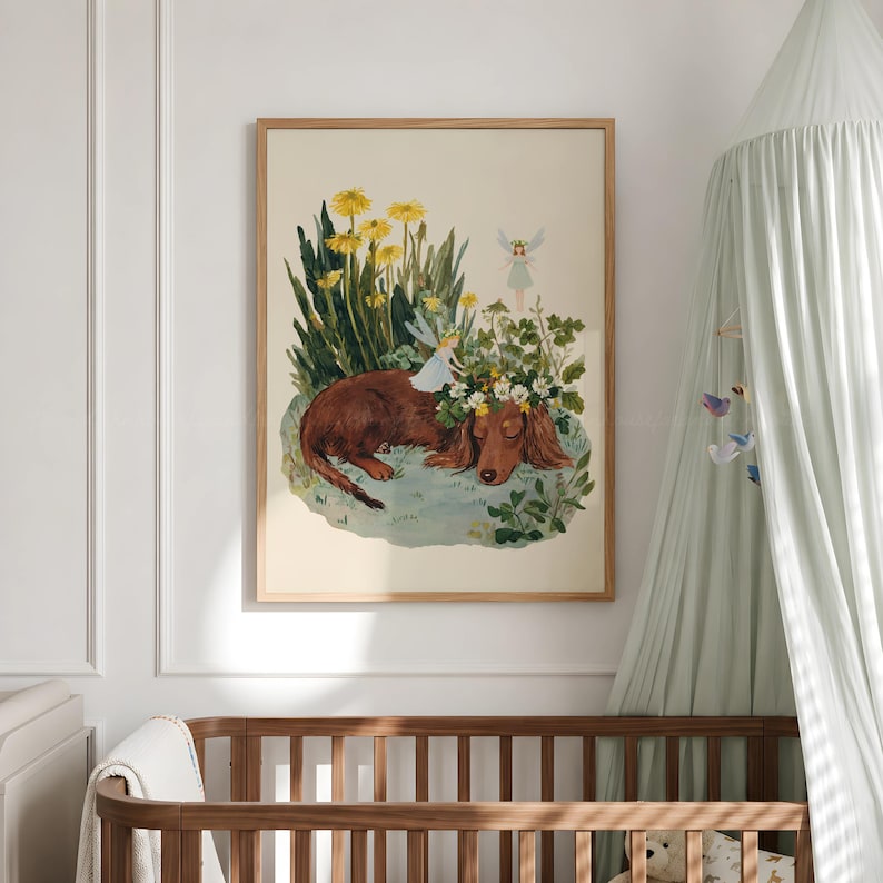 Dachshund Wall Art, Dog Nursery Print, Fairy Garden Poster, Dandelion Flower Art, Whimsical Kids Room Decor Download