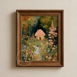 Mushroom Cottage and Fairy Art Print, Woodland Fairy Wall Art, Vintage Nursery Decor, Enchanted Forest Painting, Kid's Room Digital Download
