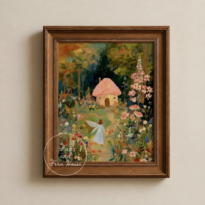 Mushroom Cottage and Fairy Art Print, Woodland Fairy Wall Art, Vintage Nursery Decor, Enchanted Forest Painting, Kid's Room Digital Download