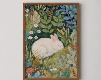 Decoración de pared infantil con diseño de conejo, lámina de conejito blanco durmiendo, decoración infantil con temática de bosque, arte botánico popular, lámina imprimible para habitación infantil con estilo cottagecore de cuento de hadas.