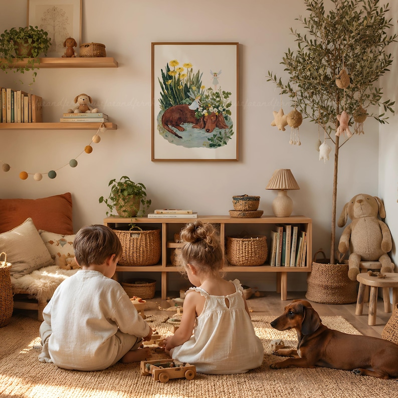 Dachshund Wall Art, Dog Nursery Print, Fairy Garden Poster, Dandelion Flower Art, Whimsical Kids Room Decor Download