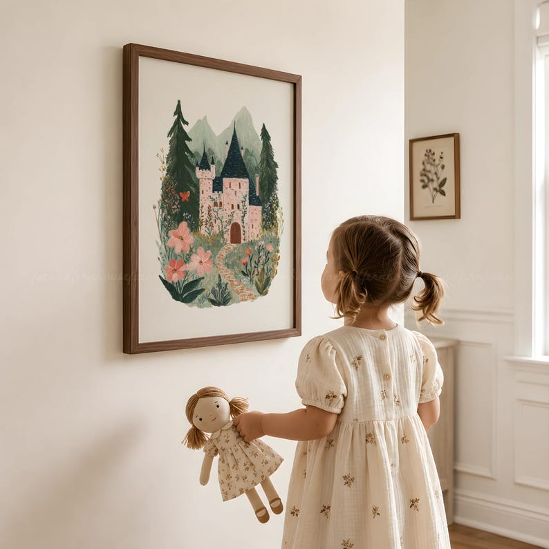 Pink Castle Wall Art Printable, Fairytale Castle Print, Cottagecore Decor, Storybook Castle Art, Fantasy Wall Decor, Whimsical Girl Bedroom
