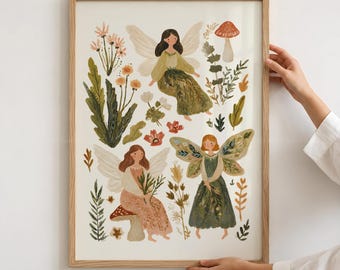 Cottagecore Woodland Fairies Printable, Whimsical Watercolor Wall Art, Enchanted Forest Storybook Decor, Instant Digital Download