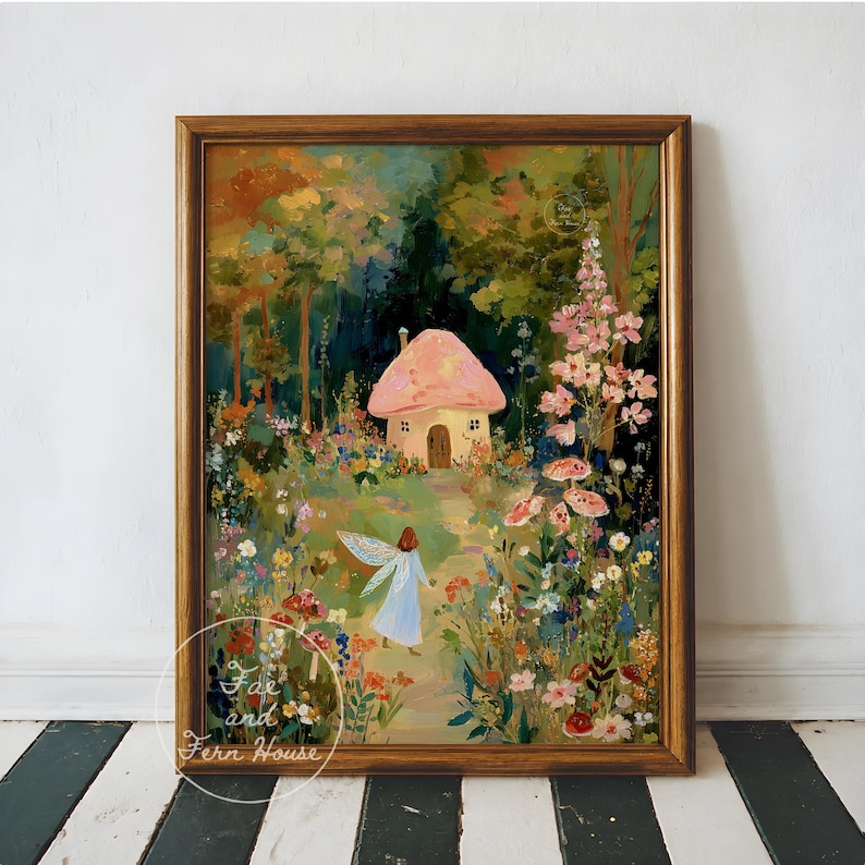 Mushroom Cottage and Fairy Art Print, Woodland Fairy Wall Art, Vintage Nursery Decor, Enchanted Forest Painting, Kid's Room Digital Download