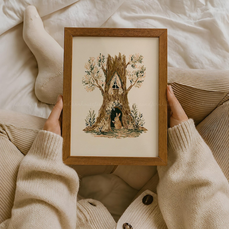 Bunny Nursery Print, Woodland Treehouse Art, Rabbit Wall Art, Cottagecore Kids Room, Forest Animal Printable, Storybook Decor