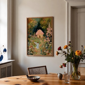 Mushroom Cottage and Fairy Art Print, Woodland Fairy Wall Art, Vintage Nursery Decor, Enchanted Forest Painting, Kid's Room Digital Download