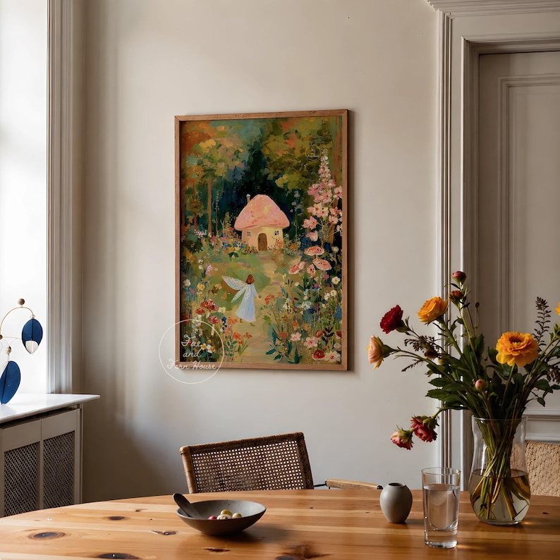 Mushroom Cottage and Fairy Art Print, Woodland Fairy Wall Art, Vintage Nursery Decor, Enchanted Forest Painting, Kid's Room Digital Download