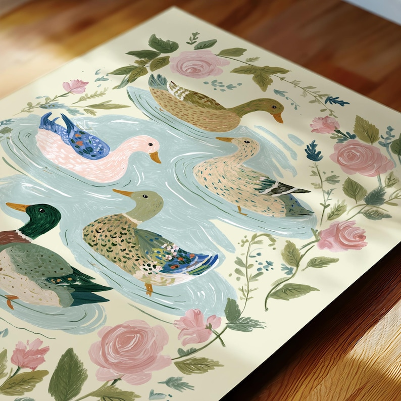 Vintage Duck Wall Art, Mallard Duck Decor, Cottagecore Home Decor, Botanical Bird Print, Printable Vintage Nursery Art