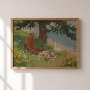 Bear and Goose Picnic Print, Woodland Animal Wall Art, Nature Nursery Decor, Vintage Storybook Painting, Cottagecore Digital Download