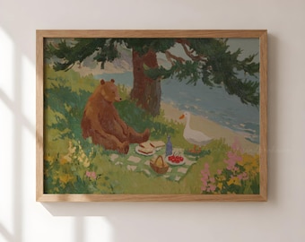 Bear and Goose Picnic Print, Woodland Animal Wall Art, Nature Nursery Decor, Vintage Storybook Painting, Cottagecore Digital Download