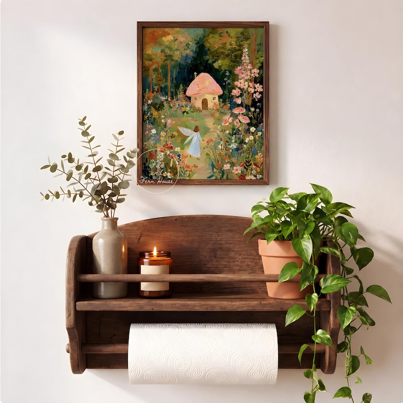 Mushroom Cottage and Fairy Art Print, Woodland Fairy Wall Art, Vintage Nursery Decor, Enchanted Forest Painting, Kid's Room Digital Download