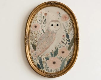 Whimsical Owl Painting Instant Download, Floral Wall Art, Pink Botanical Animal Print, Cottagecore Decor, Woodland Nursery Digital Download