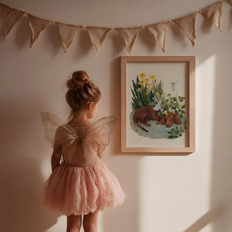 Dachshund Wall Art, Dog Nursery Print, Fairy Garden Poster, Dandelion Flower Art, Whimsical Kids Room Decor Download