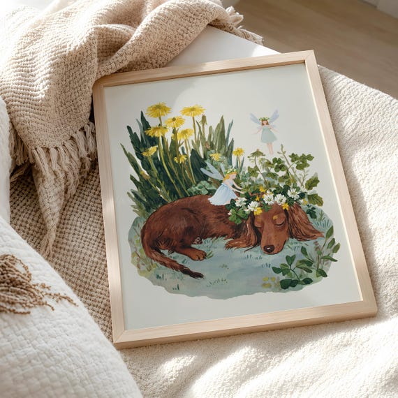 Dachshund and Fairies Wall Art, Whimsical Nursery Printable, Dog Mom Gift, Botanical Wall Decor, Dog Painting, Digital Download Print
