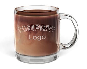 Custom Engraved Glass Coffee Mug, 12.25oz | Business Logo One Side, Personalized Name on Other