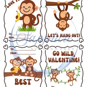 May include: Four Valentine's Day cards with cartoon monkeys. Each card has a different design with phrases such as "Love You Bunches!" and "Best Buddies." Includes space to write "To" and "From."