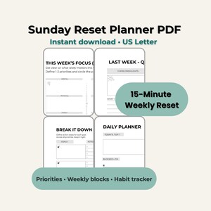 Puede incluir: Un planificador PDF digital con un fondo verde claro. El planificador incluye secciones para el enfoque semanal, los objetivos y un planificador diario. El texto incluye "Sunday Reset Planner PDF", "15-Minute Weekly Reset", y "Priorities, Weekly blocks, Habit tracker".