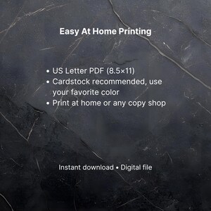 Puede incluir: Imagen con texto: "Impresi&oacute;n f&aacute;cil en casa". Instrucciones para imprimir un PDF US Letter (8.5x11) en cartulina, usando tu color favorito e imprimir en casa o en cualquier copister&iacute;a. La imagen tambi&eacute;n dice "Descarga instant&aacute;nea &bull; Archivo digital".