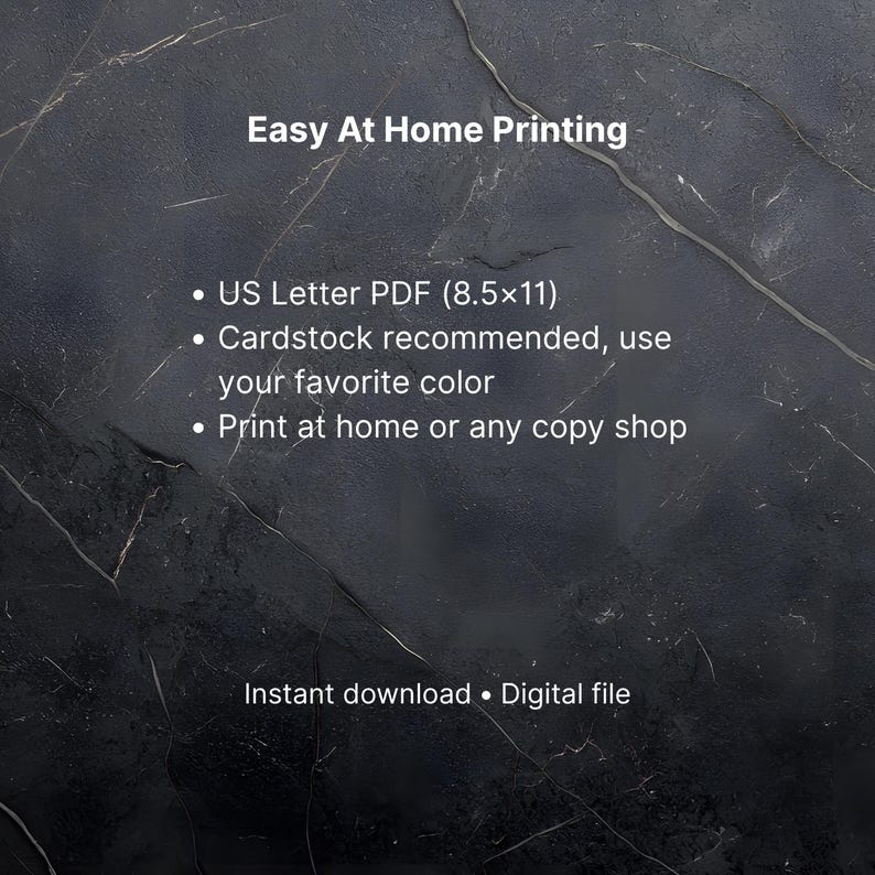Puede incluir: Imagen con texto: "Impresi&oacute;n f&aacute;cil en casa". Instrucciones para imprimir un PDF US Letter (8.5x11) en cartulina, usando tu color favorito e imprimir en casa o en cualquier copister&iacute;a. La imagen tambi&eacute;n dice "Descarga instant&aacute;nea &bull; Archivo digital".