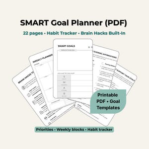 Puede incluir: Un conjunto de plantillas de objetivos PDF imprimibles, que incluyen un planificador de objetivos SMART, un planificador semanal y un rastreador de hábitos. El diseño es limpio con un fondo claro y el texto "SMART Goal Planner (PDF)".