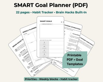 Puede incluir: Un conjunto de plantillas de objetivos PDF imprimibles, que incluyen un planificador de objetivos SMART, un planificador semanal y un rastreador de hábitos. El diseño es limpio con un fondo claro y el texto "SMART Goal Planner (PDF)".
