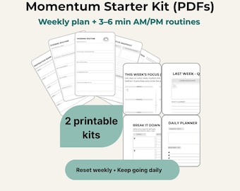 Puede incluir: Un conjunto de kits de planificador imprimibles, que incluyen un plan semanal y rutinas AM/PM. La imagen presenta varias tarjetas blancas con texto como "Momentum Starter Kit (PDFs)", "This Week's Focus" y "Daily Planner". El texto "2 printable kits" también es visible.
