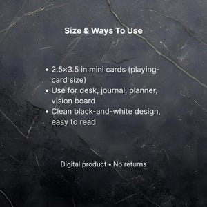 Puede incluir: Imagen con texto: "Tama&ntilde;o y formas de uso" y vi&ntilde;etas que describen el tama&ntilde;o del producto (6,35 x 8,89 cm) y los usos para escritorio, diario, planificador o tablero de visi&oacute;n. El dise&ntilde;o es limpio, en blanco y negro y f&aacute;cil de leer. El producto es un producto digital.