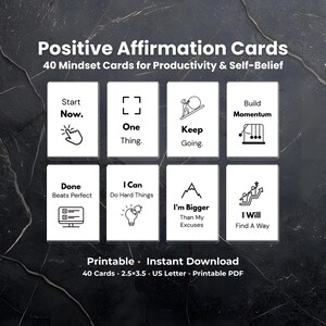 Puede incluir: Un conjunto de tarjetas de afirmaci&oacute;n positiva blancas con texto e ilustraciones en negro. Las tarjetas incluyen frases como &laquo;Empieza ahora&raquo; y &laquo;Encontrar&eacute; una manera&raquo;. La imagen tambi&eacute;n incluye el texto &laquo;Descarga instant&aacute;nea imprimible&raquo;.