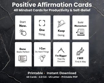 Puede incluir: Un conjunto de tarjetas de afirmación positiva blancas con texto e ilustraciones en negro. Las tarjetas incluyen frases como «Empieza ahora» y «Encontraré una manera». La imagen también incluye el texto «Descarga instantánea imprimible».