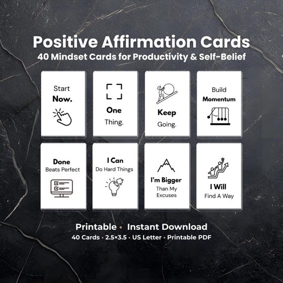 Printable Self-Belief Cards (40) — Quiet Negative Self Talk, Confidence & Motivation (Affirmation Cards PDF)