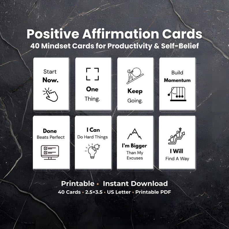 Puede incluir: Un conjunto de tarjetas de afirmaci&oacute;n positiva blancas con texto e ilustraciones en negro. Las tarjetas incluyen frases como &laquo;Empieza ahora&raquo; y &laquo;Encontrar&eacute; una manera&raquo;. La imagen tambi&eacute;n incluye el texto &laquo;Descarga instant&aacute;nea imprimible&raquo;.