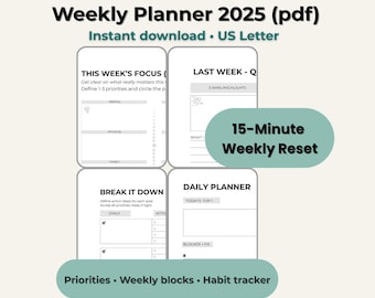 Puede incluir: Un planificador semanal digital para 2025, disponible como descarga instantánea en tamaño US Letter. El planificador incluye secciones para el enfoque semanal, un reinicio semanal de 15 minutos, planificación diaria y seguimiento de hábitos. Incluye establecimiento de prioridades y desglose de objetivos.