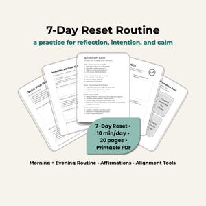 Puede incluir: Un conjunto de páginas PDF imprimibles para una rutina de reinicio de 7 días. Las páginas incluyen una guía de inicio rápido, rutinas de mañana y tarde, afirmaciones y herramientas de alineación. El texto de las páginas es en blanco y negro, con un acento color turquesa.