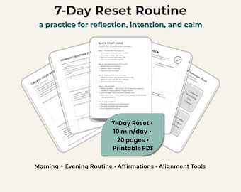 Könnte beinhalten: Eine Sammlung von druckbaren PDF-Seiten für eine 7-Tage-Reset-Routine. Die Seiten enthalten eine Kurzanleitung, Morgen- und Abendroutinen, Affirmationen und Ausrichtungswerkzeuge. Der Text auf den Seiten ist in Schwarzweiß gehalten, mit einem teal-farbenen Akzent.