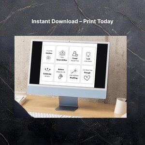 Puede incluir: Un monitor de computadora muestra una impresi&oacute;n digital con afirmaciones e iconos inspiradores. El texto "Instant Download - Print Today" est&aacute; en la parte superior. Las afirmaciones incluyen "I Trust My Intuition", "I Am Smart & Wise" y "I Lead Myself First."
