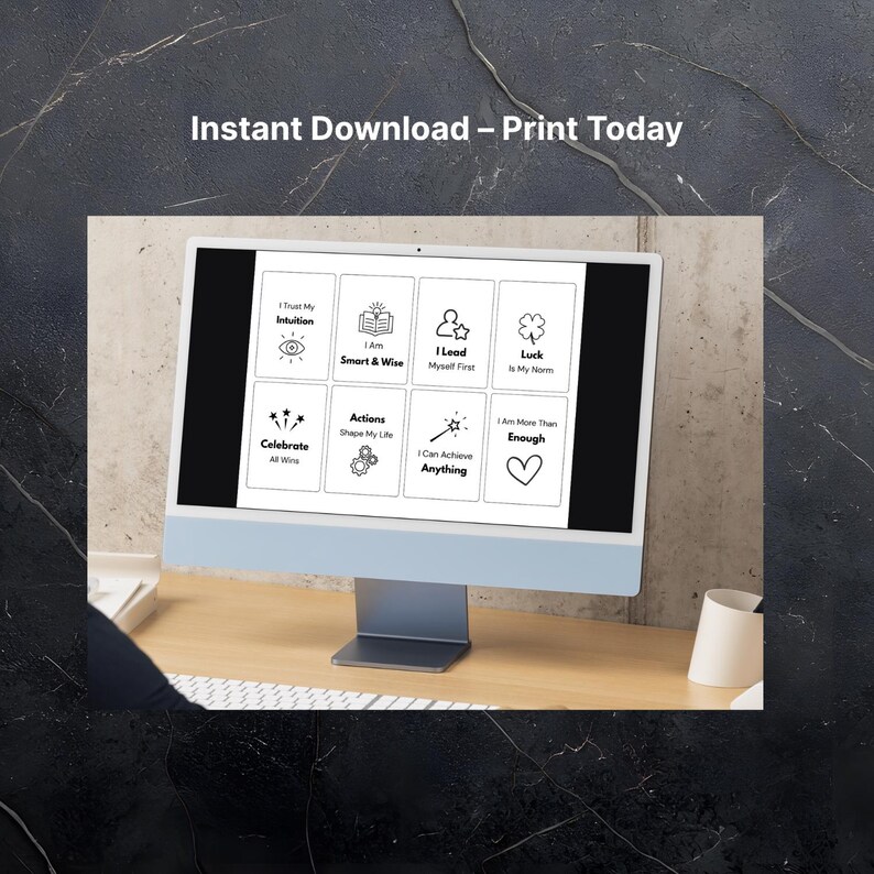 Puede incluir: Un monitor de computadora muestra una impresi&oacute;n digital con afirmaciones e iconos inspiradores. El texto "Instant Download - Print Today" est&aacute; en la parte superior. Las afirmaciones incluyen "I Trust My Intuition", "I Am Smart & Wise" y "I Lead Myself First."