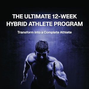 Peut inclure: Image d'un athlète musclé en train de courir, avec le texte "THE ULTIMATE 12-WEEK HYBRID ATHLETE PROGRAM" et "Transform into a Complete Athlete" en blanc. Le fond est un dégradé bleu foncé.