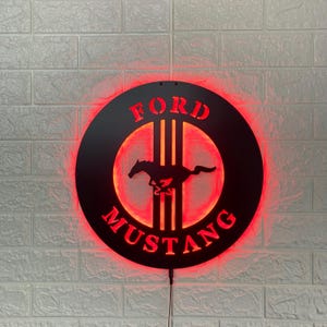 Ford Mustang Red LED Sign: Illuminated Garage Wall Art