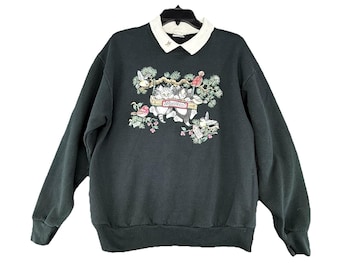 VTG 90s Cat Kitten Graphic Crewneck Sweatshirt Collar Grannycore Kidcore Sz L
