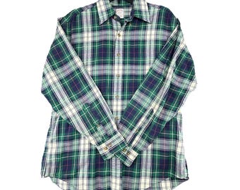 Brooks Brothers Flannel Shirt Mens Medium White /Green Plaid Regular Fit