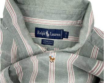 Vintage Ralph Lauren Shirt Mens 17/36 Green Denim Striped Cotton Button