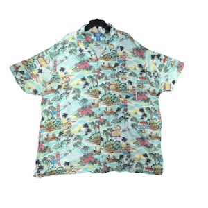 May include: A short-sleeve button-down shirt in a light turquoise color featuring an all-over tropical print. The pattern includes palm trees, pink hibiscus flowers, and neon-style signs with the text MOTEL. The shirt has a collar and buttons.
