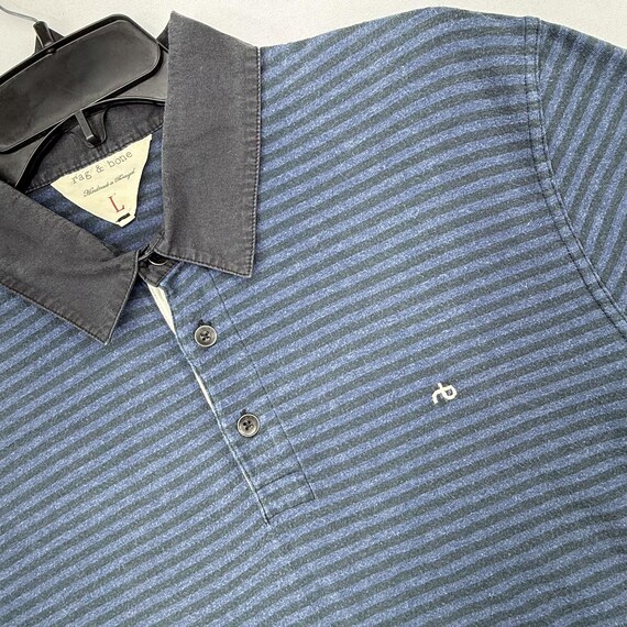 Rag & Bone, rag & bone Mens Polo Shirt L Navy Blue Black Stripe Knit Made In Portugal Cotton