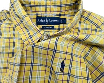 Vintage 90s Polo Ralph Lauren Classic Fit Yellow Blue Plaid Button Up Shirt L