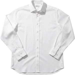 May include: A crisp white long-sleeve button-down shirt featuring a structured collar, a central vertical placket with matching white buttons, and barrel cuffs with two buttons each. The garment is made of a fine-textured fabric with a clean finish.